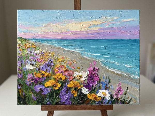 Heavy Texture Painting on Canvas, Flower Tide by the Shore, Original Oil Paintings, Small Canvas Artwork for Sale, Original Seascape Paintings-Grace Painting Crafts