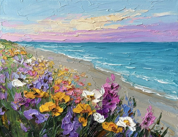 Heavy Texture Painting on Canvas, Flower Tide by the Shore, Original Oil Paintings, Small Canvas Artwork for Sale, Original Seascape Paintings-Grace Painting Crafts