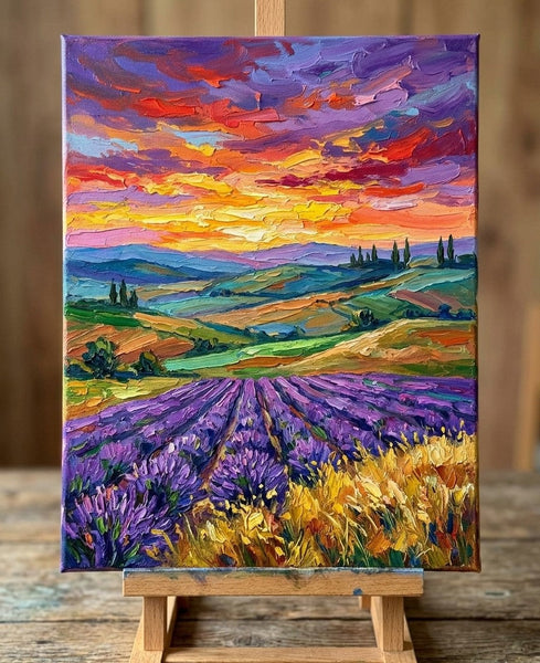 Original Small Paintings, Sunset Over Lavener Fields, Original Landscape Paintings, Hand Painted Canvas Art, Impasto Paintings for Sale, Small Artwork for Sale-Grace Painting Crafts