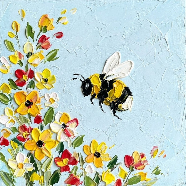 Impasto Artwork, Original Acrylic Paintings, Miniature Canvas Painting, Blooming Flowers and Busy Bee, Small Art for Sale, Cute Small Canvas Wall Art, Hand Painted Canvas Art-Grace Painting Crafts