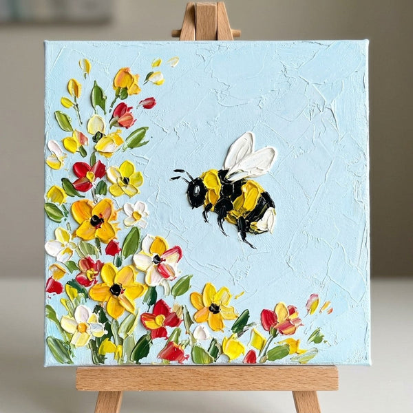 Impasto Artwork, Original Acrylic Paintings, Miniature Canvas Painting, Blooming Flowers and Busy Bee, Small Art for Sale, Cute Small Canvas Wall Art, Hand Painted Canvas Art-Grace Painting Crafts