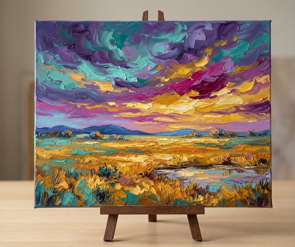 Colorful Clouds Over the Wilderness, Original Landscape Paintings, Buy Small Paintings Online, Hand Painted Canvas Art, Original Oil Paintings for Sale, Impasto Paintings-Grace Painting Crafts