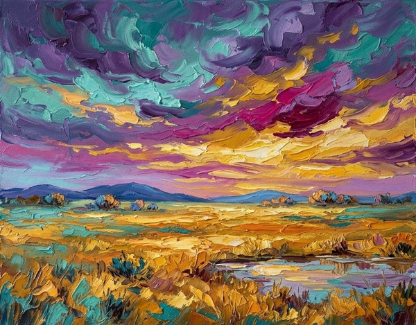Colorful Clouds Over the Wilderness, Original Landscape Paintings, Buy Small Paintings Online, Hand Painted Canvas Art, Original Oil Paintings for Sale, Impasto Paintings-Grace Painting Crafts
