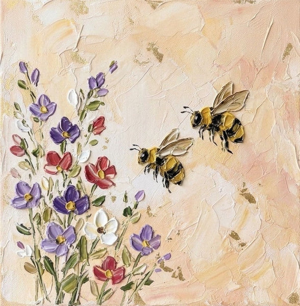 Blooms and Busy Bees, Miniature Canvas Painting, Hand Painted Canvas Art, Impasto Artwork, Original Acrylic Paintings, Buy Small Art Online, Small Canvas Wall Art-Grace Painting Crafts