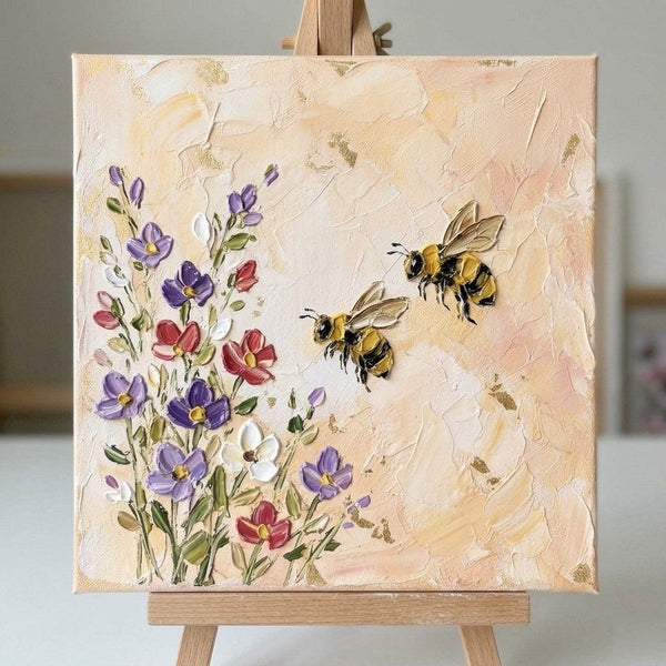 Blooms and Busy Bees, Miniature Canvas Painting, Hand Painted Canvas Art, Impasto Artwork, Original Acrylic Paintings, Buy Small Art Online, Small Canvas Wall Art-Grace Painting Crafts