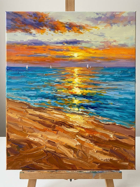Small Canvas Wall Art Paintings, Sails Chasing Sunset Ripples, Original Seascape Paintings, Hand Painted Canvas Art, Impasto Heavy Texture Art, Original Artwork for Sale-Grace Painting Crafts