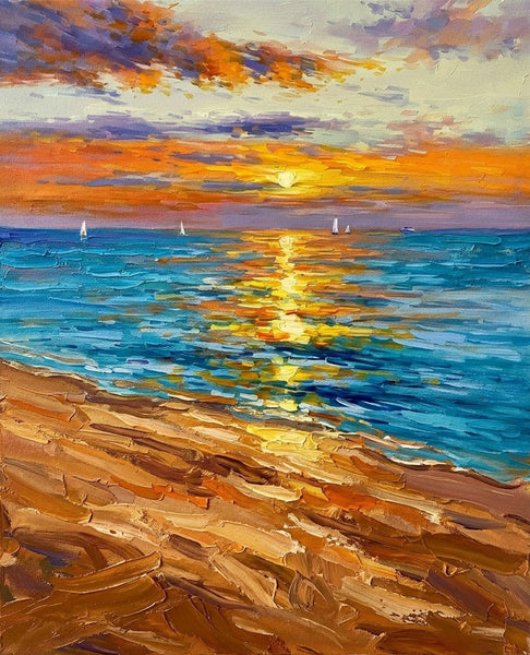 Small Canvas Wall Art Paintings, Sails Chasing Sunset Ripples, Original Seascape Paintings, Hand Painted Canvas Art, Impasto Heavy Texture Art, Original Artwork for Sale-Grace Painting Crafts