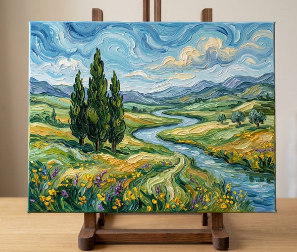 Cypress Riverside Under Swirling Clouds, Original Oil Paintings, Original Landscape Paintings, Impasto Heavy Texture Artwork, Hand Painted Canvas Art, Small Canvas Art-Grace Painting Crafts