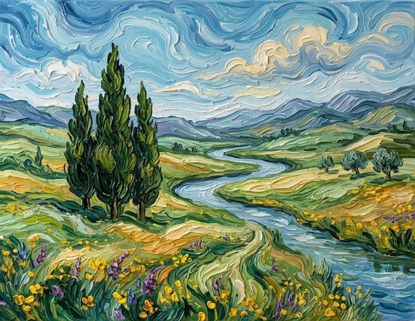 Cypress Riverside Under Swirling Clouds, Original Oil Paintings, Original Landscape Paintings, Impasto Heavy Texture Artwork, Hand Painted Canvas Art, Small Canvas Art-Grace Painting Crafts