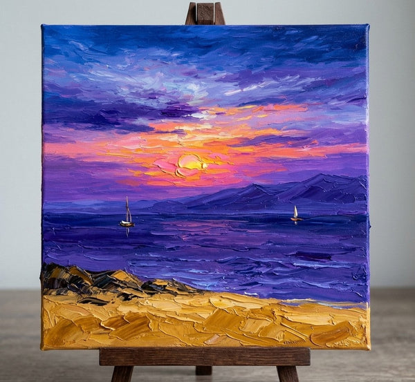 Hand Painted Canvas Art, Sail Boat Sunset Painting, Original Seascape Paintings, Miniature Canvas Art, Original Oil Paintings, Buy Small Artwork Online-Grace Painting Crafts