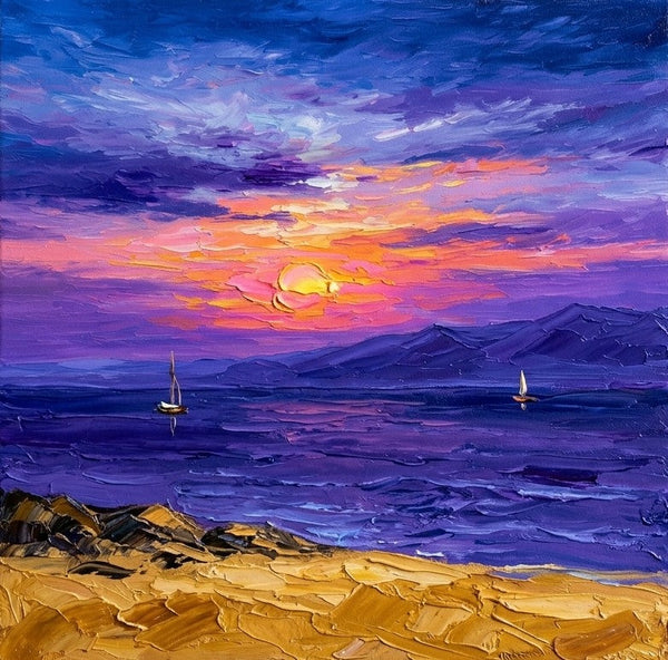 Hand Painted Canvas Art, Sail Boat Sunset Painting, Original Seascape Paintings, Miniature Canvas Art, Original Oil Paintings, Buy Small Artwork Online-Grace Painting Crafts