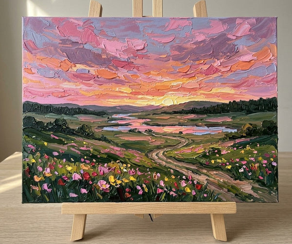 Original Oil Paintings for Sale, Sunset Over the Wildflower Vallery, Original Landscape Paintings, Buy Small Paintings Online, Hand Painted Canvas Art, Small Canvas Artwork-Grace Painting Crafts