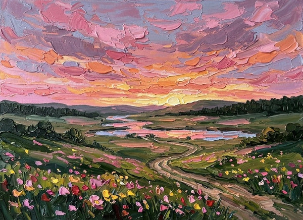 Original Oil Paintings for Sale, Sunset Over the Wildflower Vallery, Original Landscape Paintings, Buy Small Paintings Online, Hand Painted Canvas Art, Small Canvas Artwork-Grace Painting Crafts