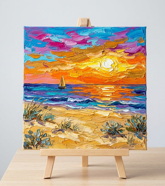 Original Oil Painting for Sale, Sunset Bay Evening Charm, Seashore Beach Painting, Hand Painted Canvas Art, Heavy Texture Paintings, Original Landscape Paintings-Grace Painting Crafts