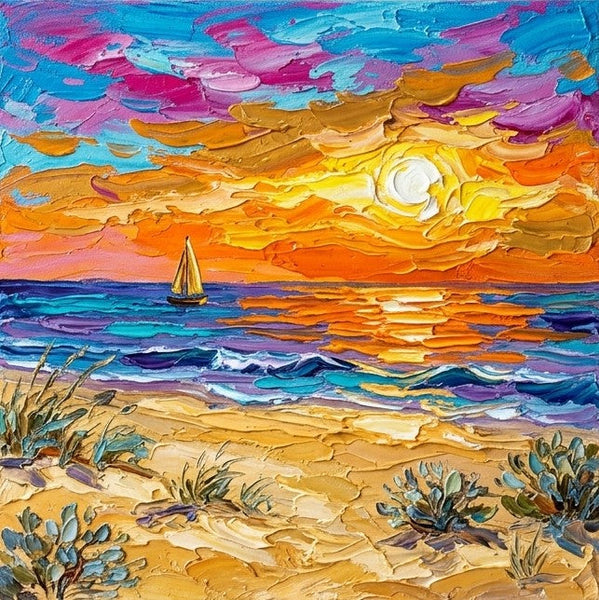 Original Oil Painting for Sale, Sunset Bay Evening Charm, Seashore Beach Painting, Hand Painted Canvas Art, Heavy Texture Paintings, Original Landscape Paintings-Grace Painting Crafts