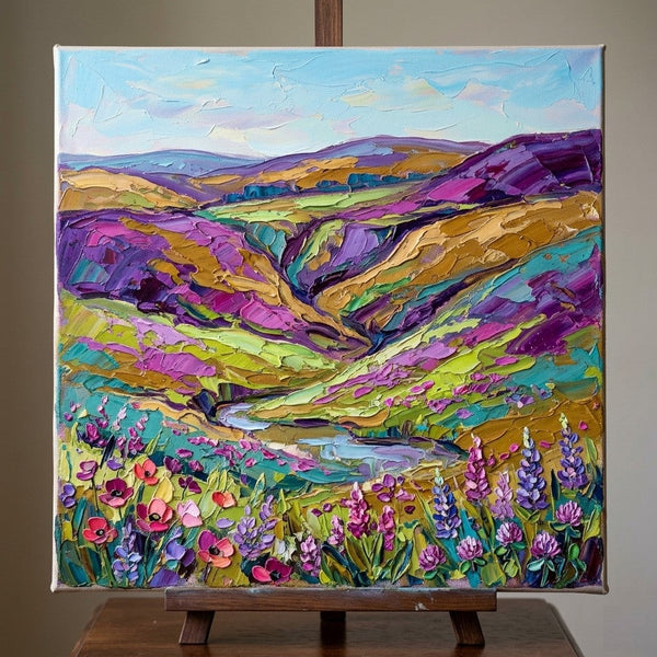 Original Oil Painting for Sale, Wild Blooms in teh Purple Valley, Hand Painted Canvas Art, Heavy Texture Paintings, Original Landscape Paintings, Miniature Canvas Art-Grace Painting Crafts