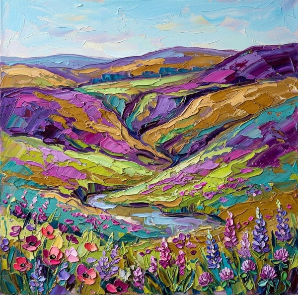 Original Oil Painting for Sale, Wild Blooms in teh Purple Valley, Hand Painted Canvas Art, Heavy Texture Paintings, Original Landscape Paintings, Miniature Canvas Art-Grace Painting Crafts