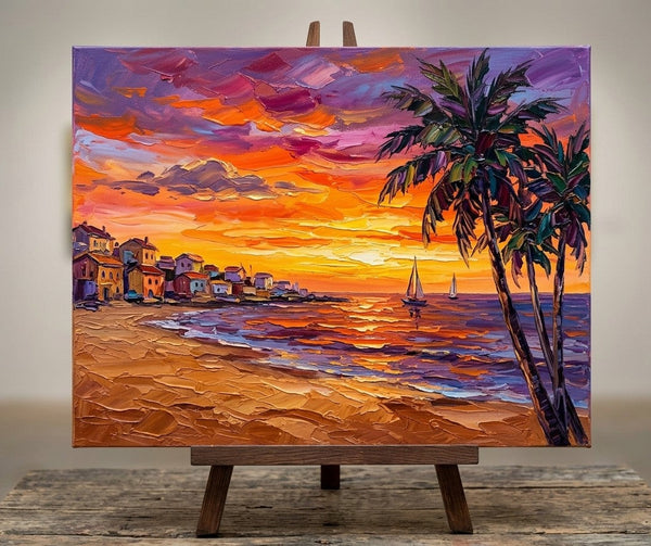 Tropical Sunset Sails on the Coast, Buy Small Paintings Online, Hand Painted Canvas Art, Original Seashore Paintings, Small Canvas Artwork for Sale-Grace Painting Crafts