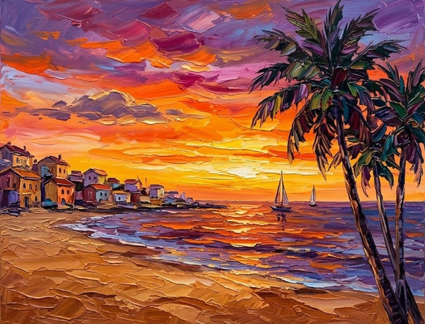 Tropical Sunset Sails on the Coast, Buy Small Paintings Online, Hand Painted Canvas Art, Original Seashore Paintings, Small Canvas Artwork for Sale-Grace Painting Crafts
