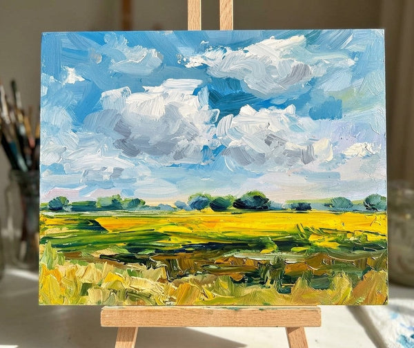 Small Canvas Wall Art Paintings, Golden Crops Under the Billowing Blue Sky, Original Landscape Paintings, Original Artwork for Sale, Hand Painted Canvas Art, Impasto Heavy Texture Art-Grace Painting Crafts