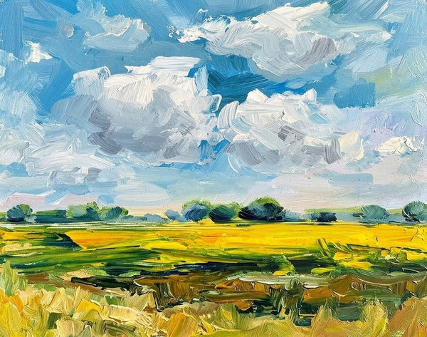 Small Canvas Wall Art Paintings, Golden Crops Under the Billowing Blue Sky, Original Landscape Paintings, Original Artwork for Sale, Hand Painted Canvas Art, Impasto Heavy Texture Art-Grace Painting Crafts