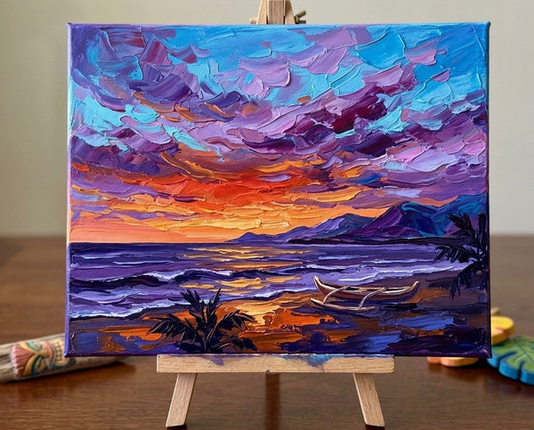 Original Oil Paintings, Ocean Sunset, Seashore Beach Painting, Original Seascape Paintings, Impasto Heavy Texture Art, Hand Painted Canvas Art, Small Canvas Artwork-Grace Painting Crafts