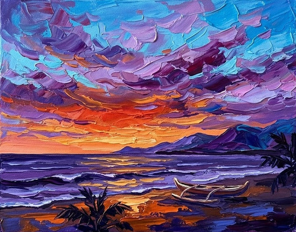 Original Oil Paintings, Ocean Sunset, Seashore Beach Painting, Original Seascape Paintings, Impasto Heavy Texture Art, Hand Painted Canvas Art, Small Canvas Artwork-Grace Painting Crafts