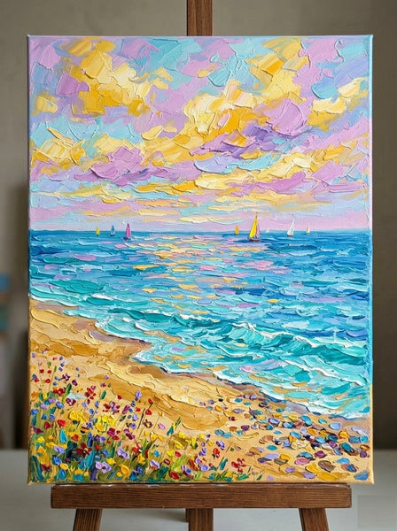 Abstract Seascape Art, Sails Under Sunset Glow, Small Canvas Artwork for Sale, Original Canvas Paintings, Heavy Texture Paintings on Canvas-Grace Painting Crafts