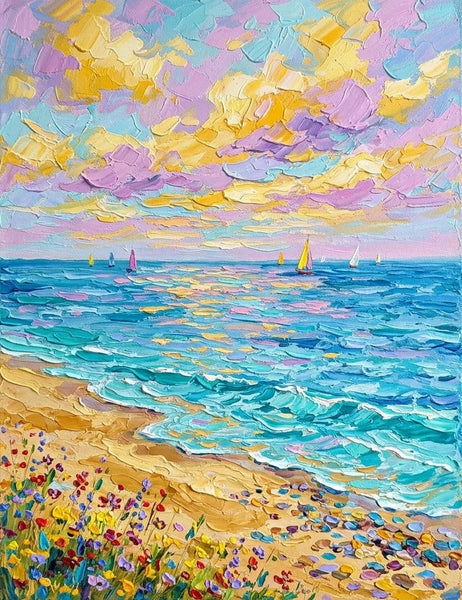 Abstract Seascape Art, Sails Under Sunset Glow, Small Canvas Artwork for Sale, Original Canvas Paintings, Heavy Texture Paintings on Canvas-Grace Painting Crafts