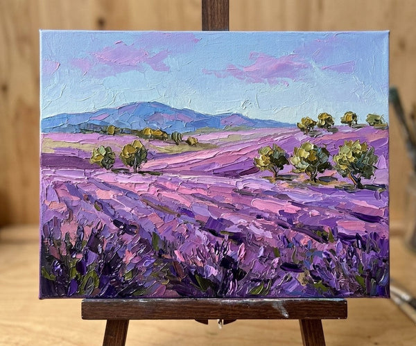 Summer Lavender Hills Under Soft Sky, Impasto Paintings, Heavy Texture Art, Original Landscape Paintings, Small Canvas Wall Art Paintings-Grace Painting Crafts