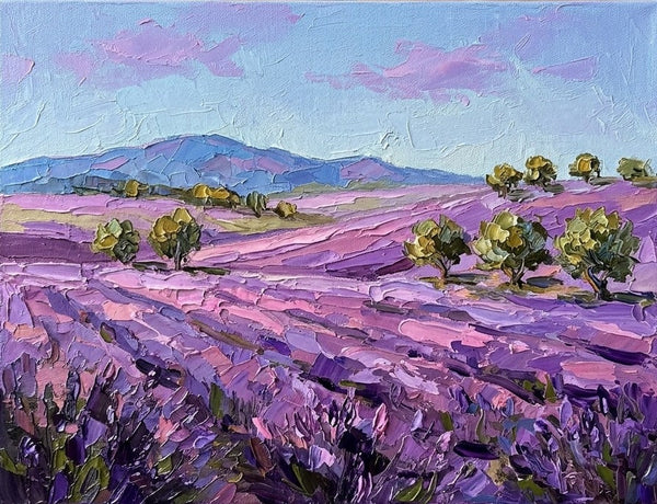 Summer Lavender Hills Under Soft Sky, Impasto Paintings, Heavy Texture Art, Original Landscape Paintings, Small Canvas Wall Art Paintings-Grace Painting Crafts