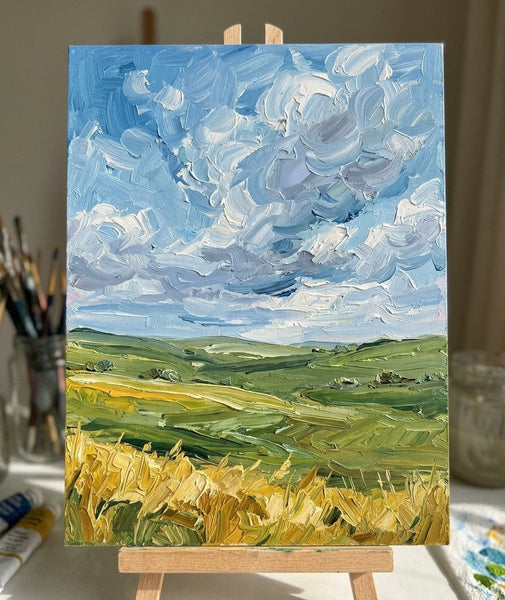 Impasto Heavy Texture Art, Original Landscape Paintings, Rolling Clouds Over Golden Wheat, Small Canvas Wall Art Paintings, Buy Original Artwork Online, Hand Painted Canvas Art-Grace Painting Crafts
