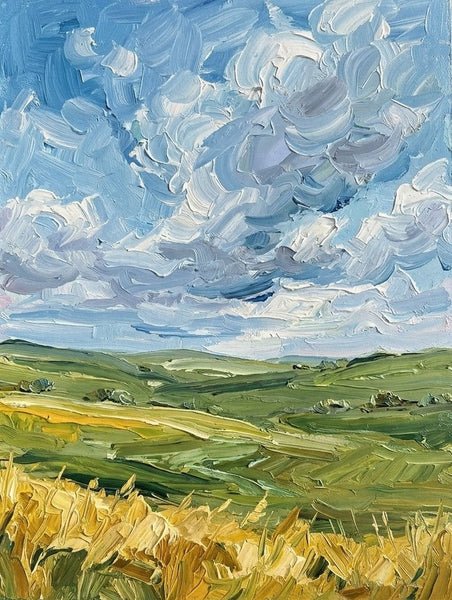 Impasto Heavy Texture Art, Original Landscape Paintings, Rolling Clouds Over Golden Wheat, Small Canvas Wall Art Paintings, Buy Original Artwork Online, Hand Painted Canvas Art-Grace Painting Crafts