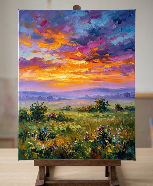 Burning Sunset Over the Wideness, Original Oil Paintings for Sale, Original Landscape Paintings, Buy Small Paintings Online, Hand Painted Canvas Art, Small Canvas Artwork-Grace Painting Crafts
