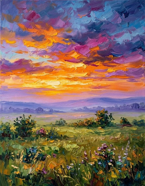 Burning Sunset Over the Wideness, Original Oil Paintings for Sale, Original Landscape Paintings, Buy Small Paintings Online, Hand Painted Canvas Art, Small Canvas Artwork-Grace Painting Crafts