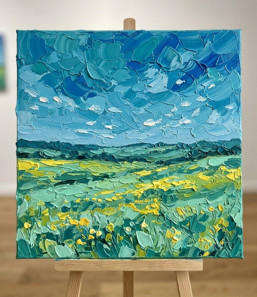 Hand Painted Canvas Art, Blue Sky and Wildflower Meadow, Heavy Texture Paintings, Original Seascape Paintings, Miniature Canvas Art, Original Oil Painting for Sale-Grace Painting Crafts