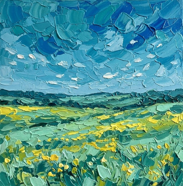 Hand Painted Canvas Art, Blue Sky and Wildflower Meadow, Heavy Texture Paintings, Original Seascape Paintings, Miniature Canvas Art, Original Oil Painting for Sale-Grace Painting Crafts