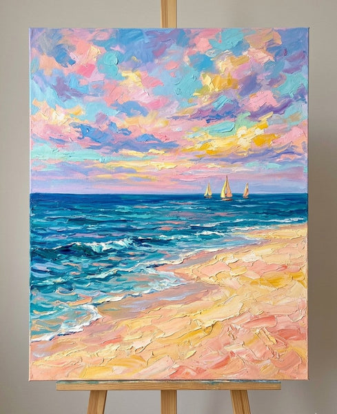 Impasto Dreamy Coastal Dusk, Sail Boat Seashore Painting, Small Canvas Artwork for Sale, Original Seascape Paintings, Original Oil Paintings, Heavy Texture Paintings-Grace Painting Crafts