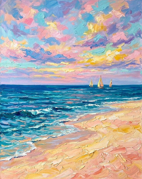 Impasto Dreamy Coastal Dusk, Sail Boat Seashore Painting, Small Canvas Artwork for Sale, Original Seascape Paintings, Original Oil Paintings, Heavy Texture Paintings-Grace Painting Crafts