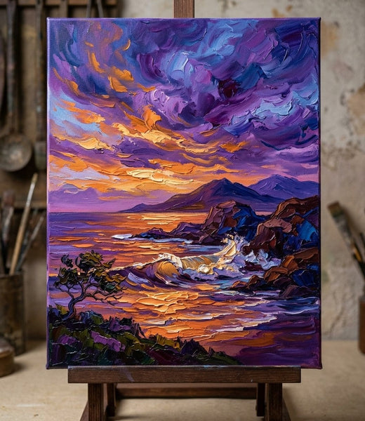 Small Canvas Artwork for Sale, Big Wave Painting, Purple Clouds Over the Sea, Buy Small Paintings Online, Hand Painted Canvas Art, Original Seashore Paintings-Grace Painting Crafts