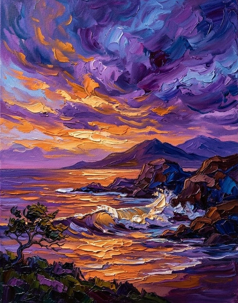 Small Canvas Artwork for Sale, Big Wave Painting, Purple Clouds Over the Sea, Buy Small Paintings Online, Hand Painted Canvas Art, Original Seashore Paintings-Grace Painting Crafts