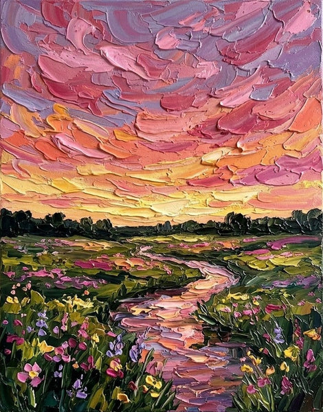 Chasing Sunset Along the Flower Path, Original Landscape Paintings, Buy Small Paintings Online, Hand Painted Canvas Art, Original Oil Paintings for Sale, Impasto Paintings-Grace Painting Crafts