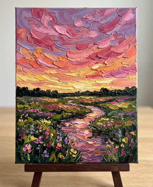 Chasing Sunset Along the Flower Path, Original Landscape Paintings, Buy Small Paintings Online, Hand Painted Canvas Art, Original Oil Paintings for Sale, Impasto Paintings-Grace Painting Crafts
