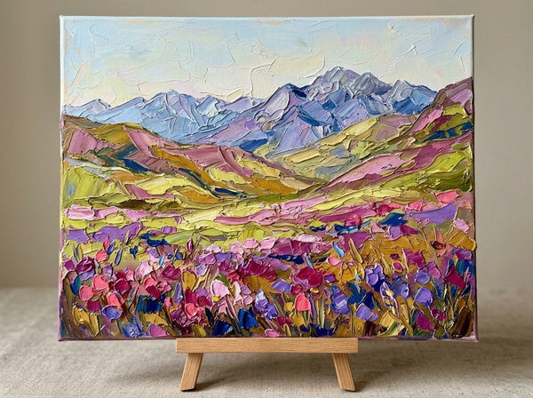 Small Landscape Art, Flowers in Colorful Valley, Small Canvas Artwork for Sale, Original Canvas Paintings, Heavy Texture Paintings on Canvas-Grace Painting Crafts