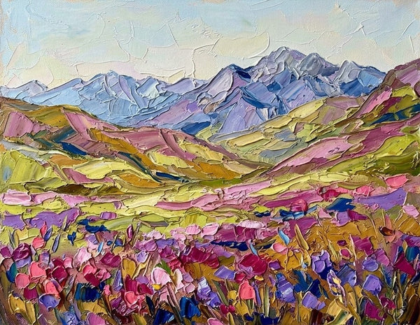 Small Landscape Art, Flowers in Colorful Valley, Small Canvas Artwork for Sale, Original Canvas Paintings, Heavy Texture Paintings on Canvas-Grace Painting Crafts