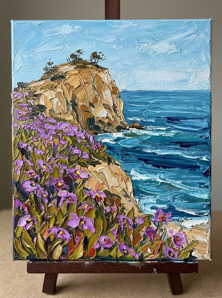 Impasto Painting, Purple Blooms on the Cliff Edge, Original Seashore Paintings, Heavy Texture Paintings on Canvas, Small Canvas Artwork for Sale-Grace Painting Crafts