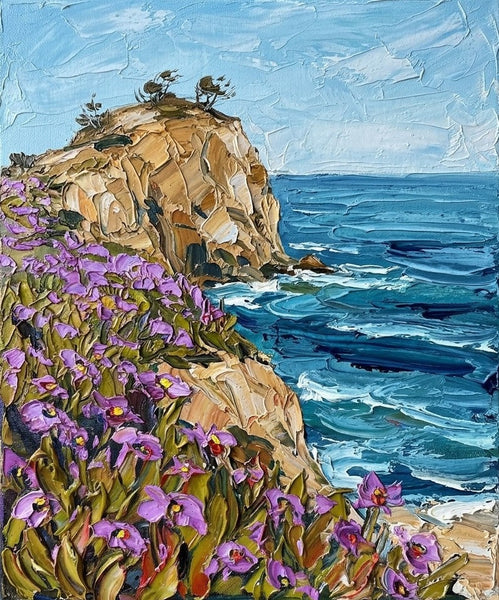 Impasto Painting, Purple Blooms on the Cliff Edge, Original Seashore Paintings, Heavy Texture Paintings on Canvas, Small Canvas Artwork for Sale-Grace Painting Crafts