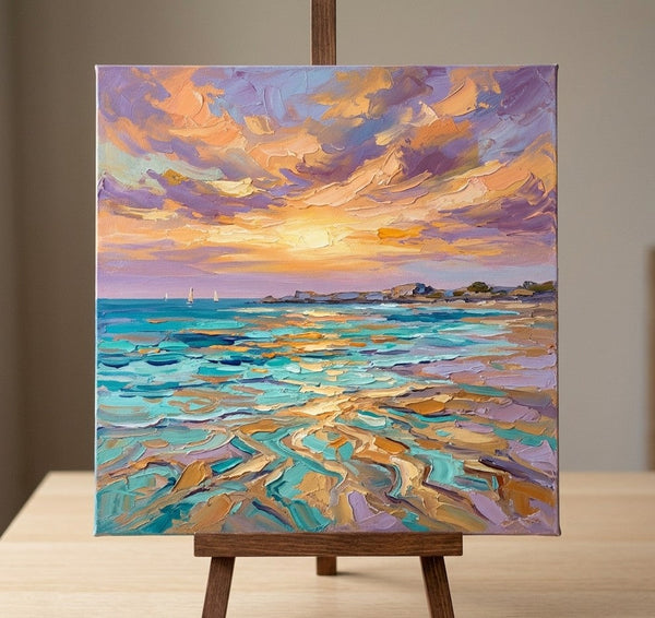 Original Oil Painting for Sale, Sails on the Sunny Evening Sea, Hand Painted Canvas Art, Heavy Texture Paintings, Original Landscape Paintings, Impasto Canvas Artwork-Grace Painting Crafts