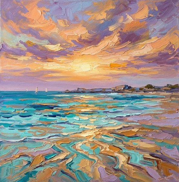 Original Oil Painting for Sale, Sails on the Sunny Evening Sea, Hand Painted Canvas Art, Heavy Texture Paintings, Original Landscape Paintings, Impasto Canvas Artwork-Grace Painting Crafts