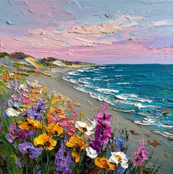 Seaside Flower Wilderness, Seashore Beach Painting, Hand Painted Canvas Art, Original Oil Painting for Sale, Heavy Texture Paintings, Original Landscape Paintings-Grace Painting Crafts